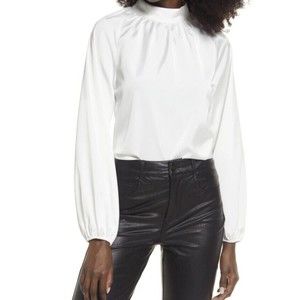 Open Edit Top Balloon Long Sleeve Mock Neck Blouse White Size L Large Shiny